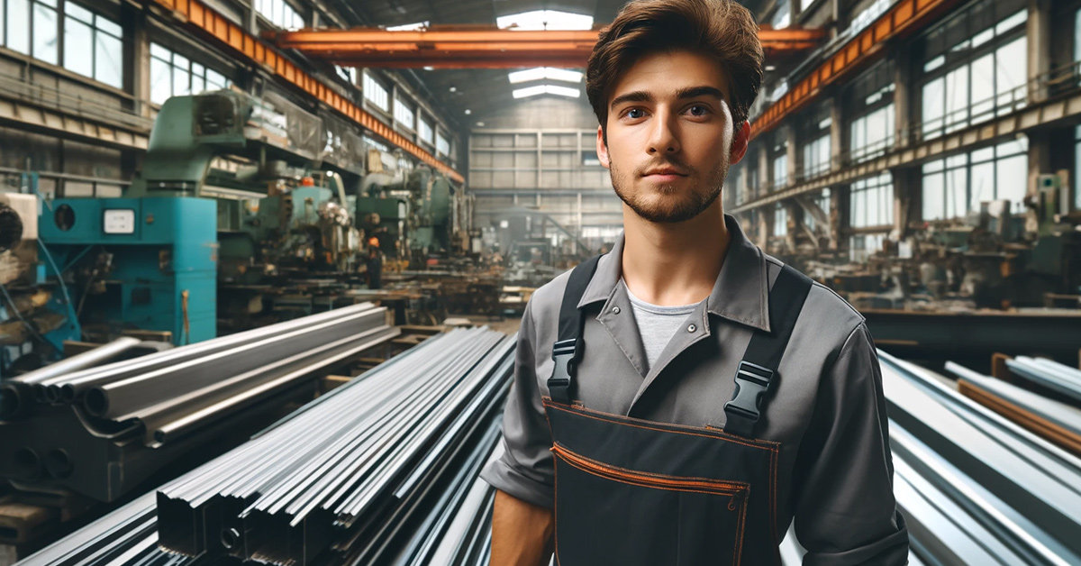 Ein junger Metallbauer steht vor einem Maschinenpark für die Blechverarbeitung